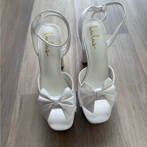 Lulu's White Satin Slingback Heels with Bow